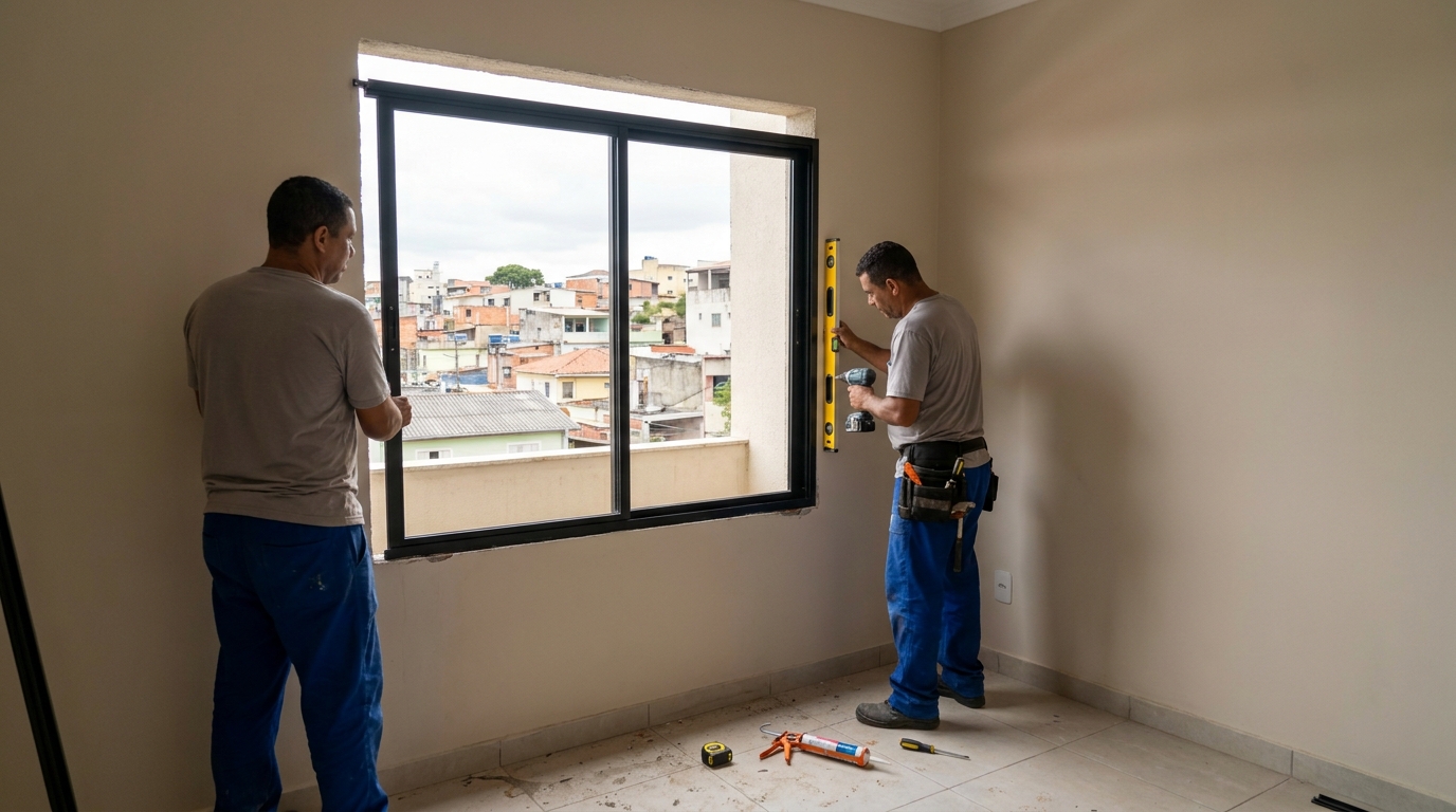 Esquadria de alumínio em quarto bege em Uberaba-MG