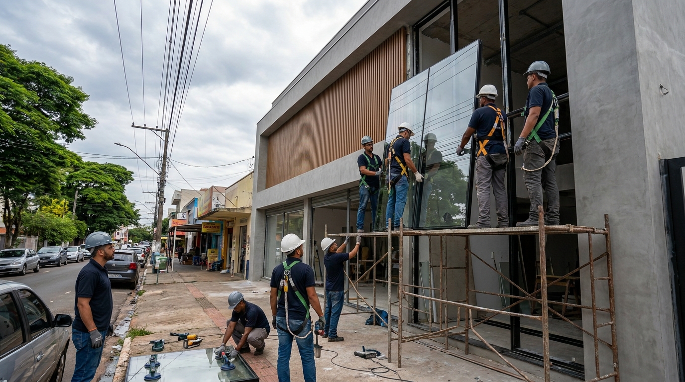 Fachada de vidro com andaime lateral em Uberaba-MG