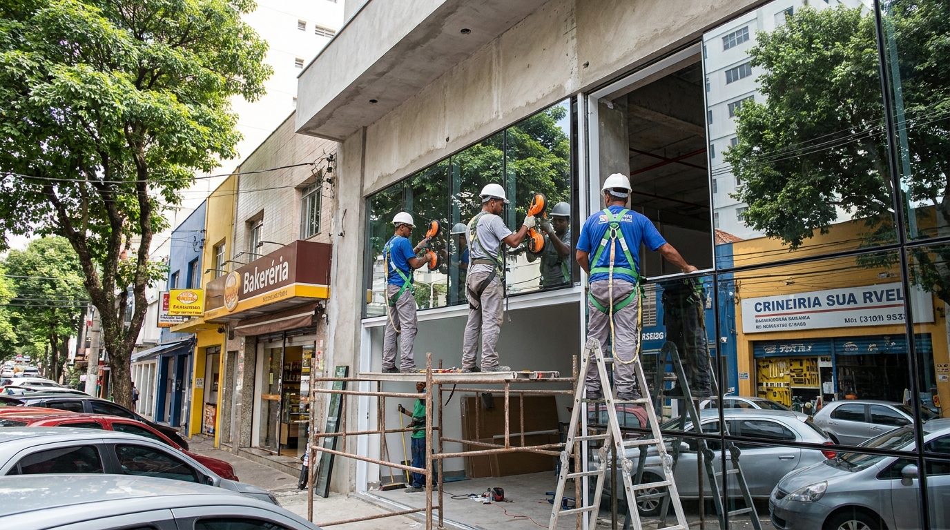 Fachada de vidro com confeitaria vizinha em Uberaba-MG