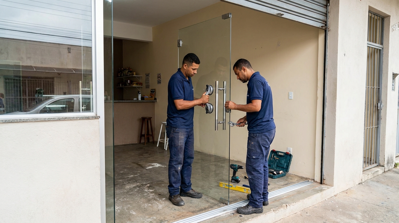 Dupla instalando porta de vidro em loja em Uberaba-MG