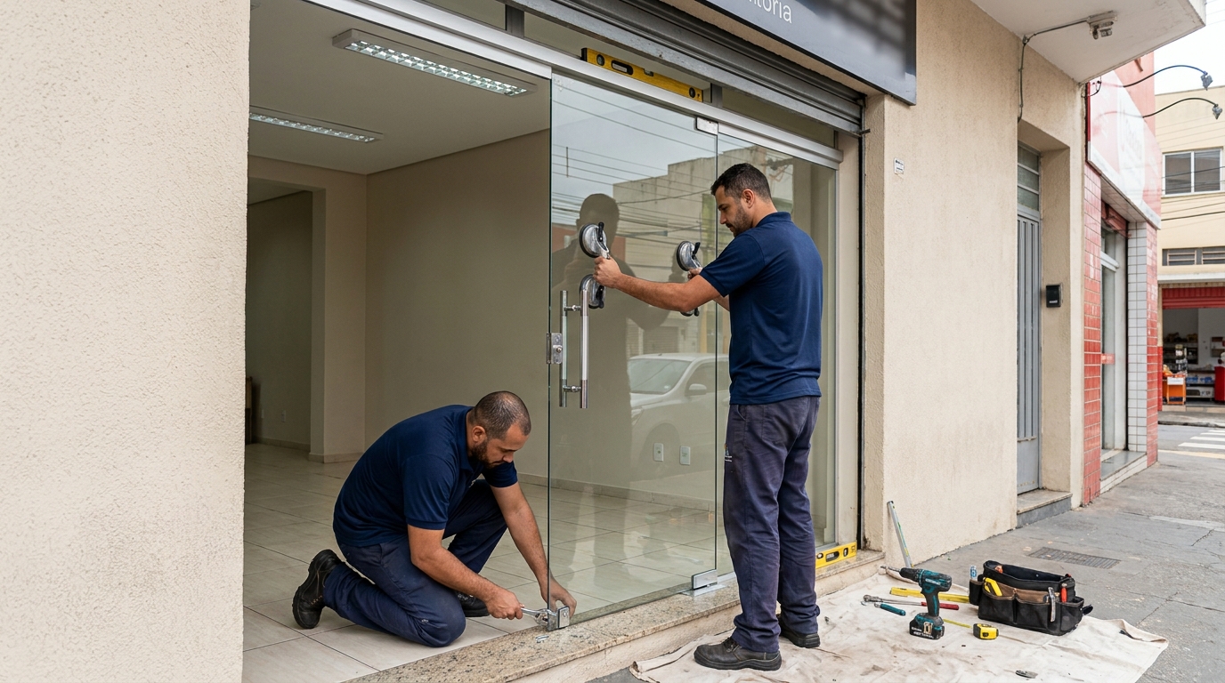 Porta de vidro com puxador inox em Uberaba-MG